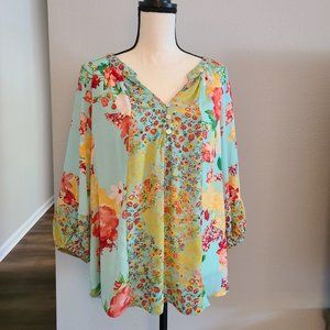 Fig and Flower Anthropologie Sheer Floral Blouse